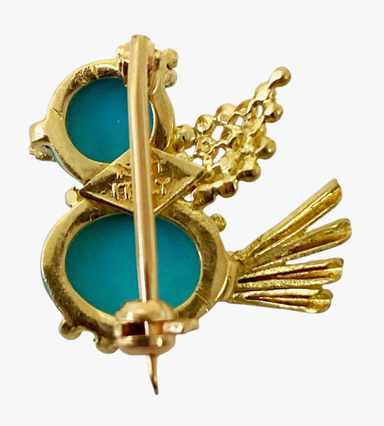 Italian 18K Turquoise Bird chick pin Brooch Mid Century
