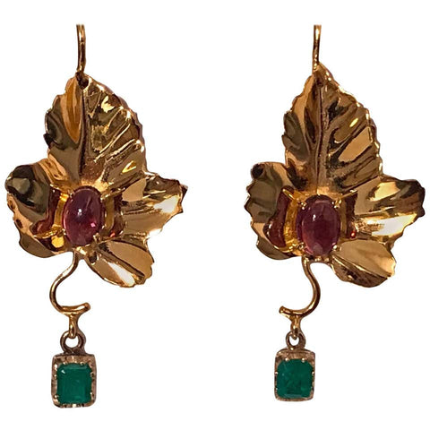 20th Century Garnet Emerald Gold Drop Earrings
