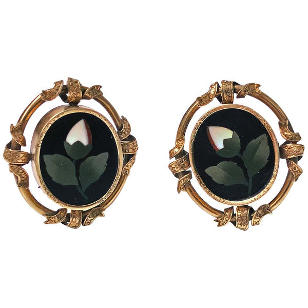 Antique 14K Pietra Dura Gold Earrings, C.1875