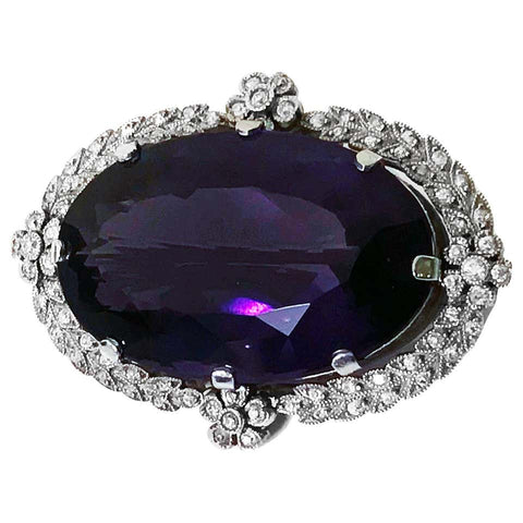 Antique Platinum Amethyst Diamond Brooch Pendant, English C.1910