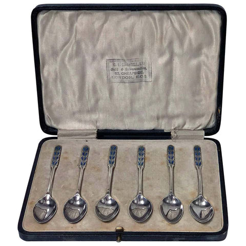 Set of Liberty Enamel Spoons, Birmingham 1925, Fitted Box