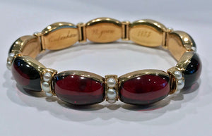 John Brogden Signed Gold Carbuncle and Pearl Bracelet, C.1855