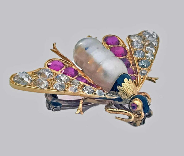 Antique 18-Karat Ruby Diamond and Pearl Bee Brooch Pin, circa 1880