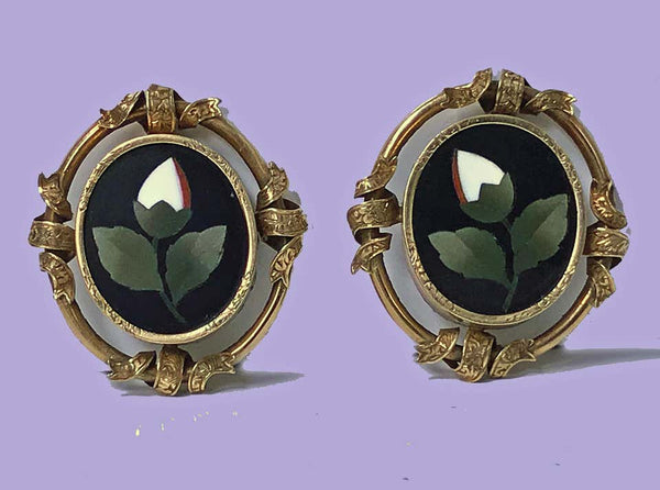 Antique 14K Pietra Dura Gold Earrings, C.1875