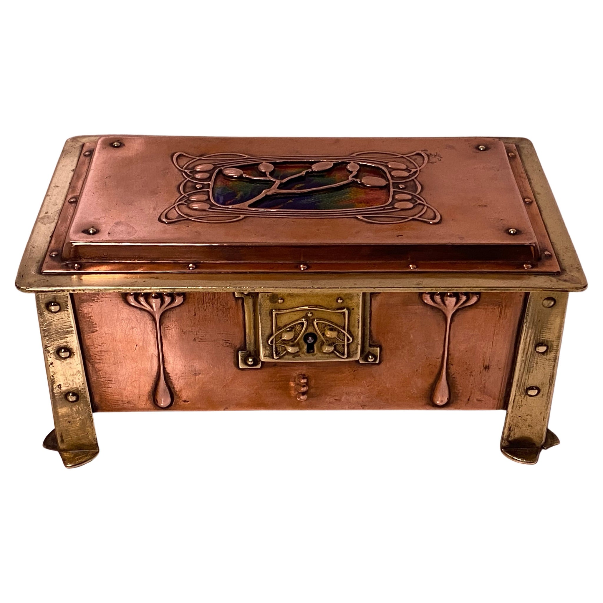 Arts & Crafts Enamel, Copper and Brass box, circa 1900.