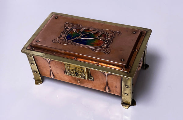 Arts & Crafts Enamel, Copper and Brass box, circa 1900.