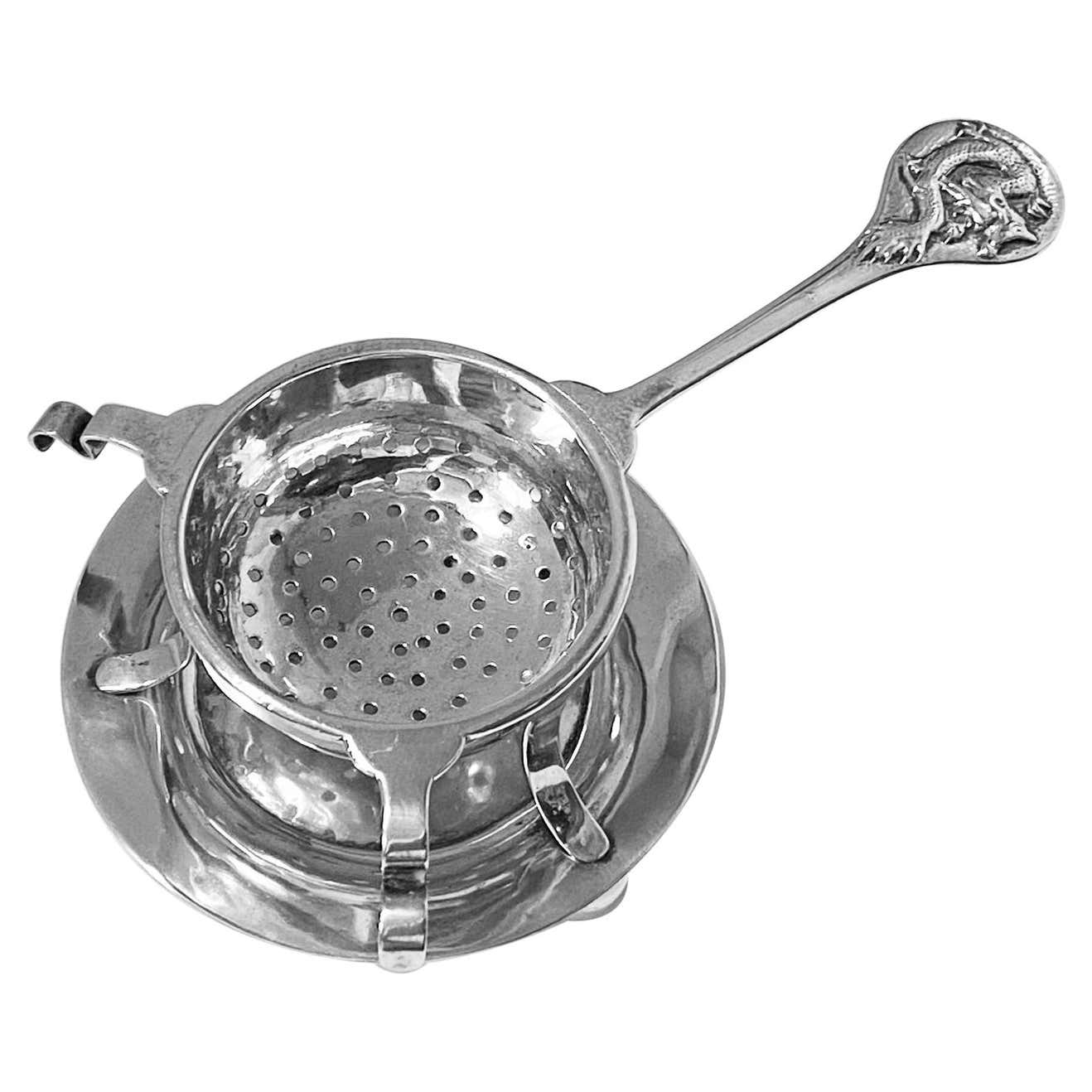 Chinese Export Silver Tea strainer on stand Tuck Chang C.1900