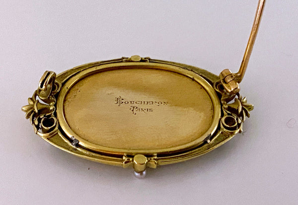 Boucheron Enamel Gold Pearl Portrait Brooch, circa 1890