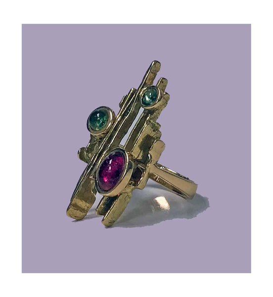 1970s Henkel and Grosse Germany Abstract Sculptural Gem Gold Ring