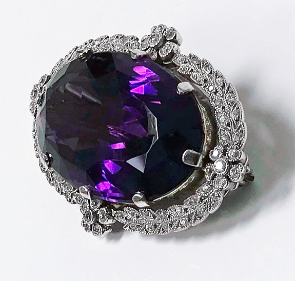 Antique Platinum Amethyst Diamond Brooch Pendant, English C.1910