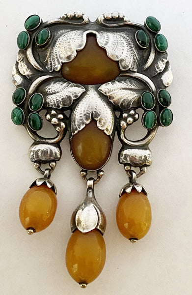 Exceptional Georg Jensen Large Rare Silver and Amber Malachite Master Brooch C.1933