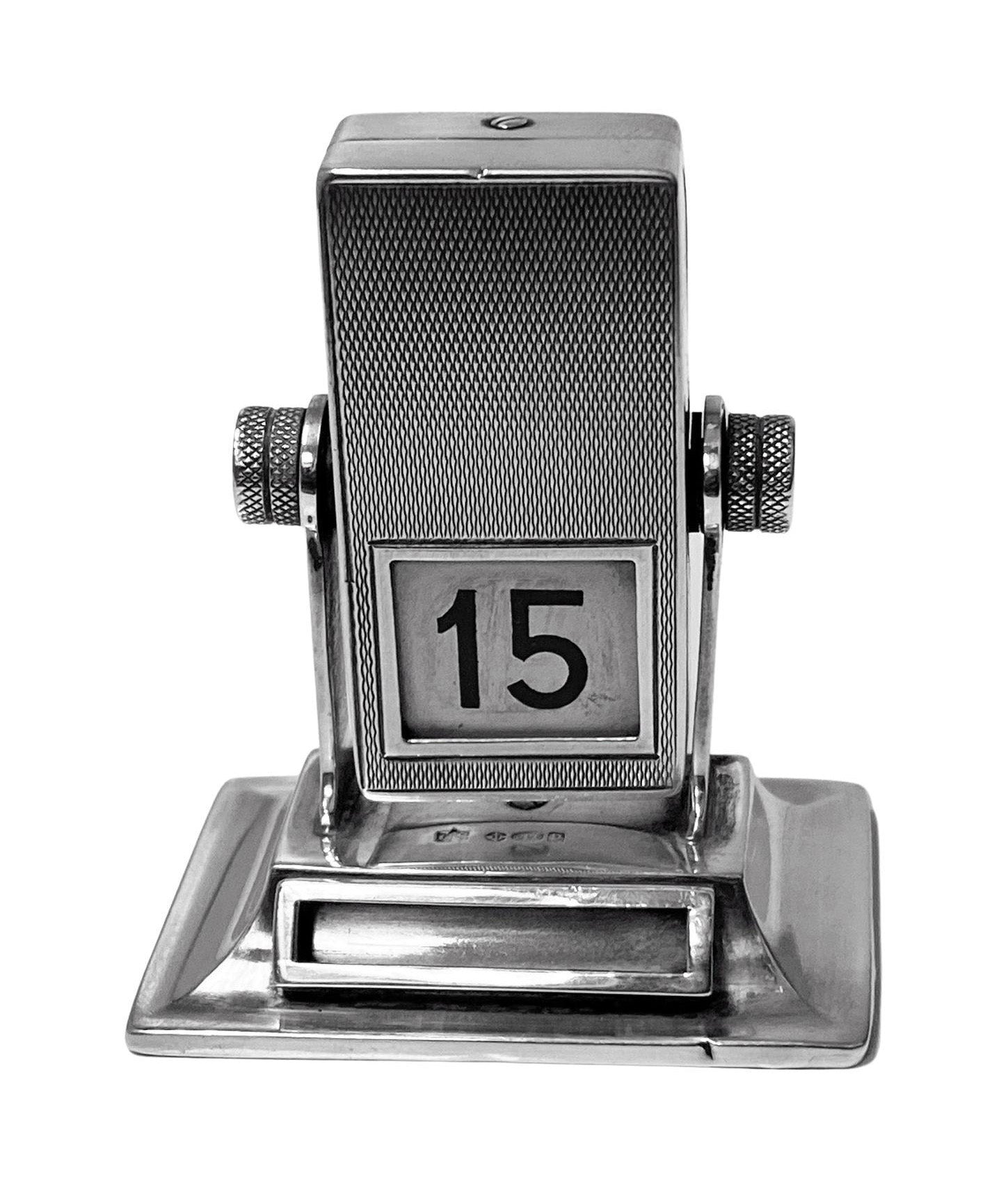 Rare English Sterling silver mechanical rotating desk calendar, London 1930 Stockwell