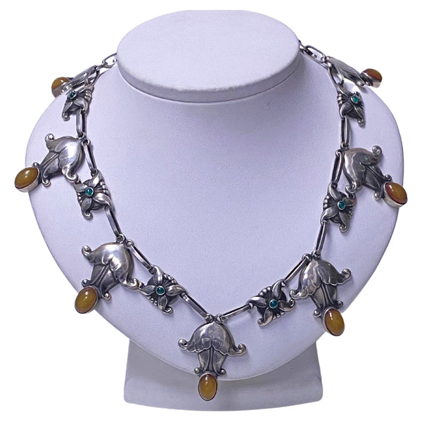 Georg Jensen exceptionally rare design Sterling Amber and Agate Necklace C.1930