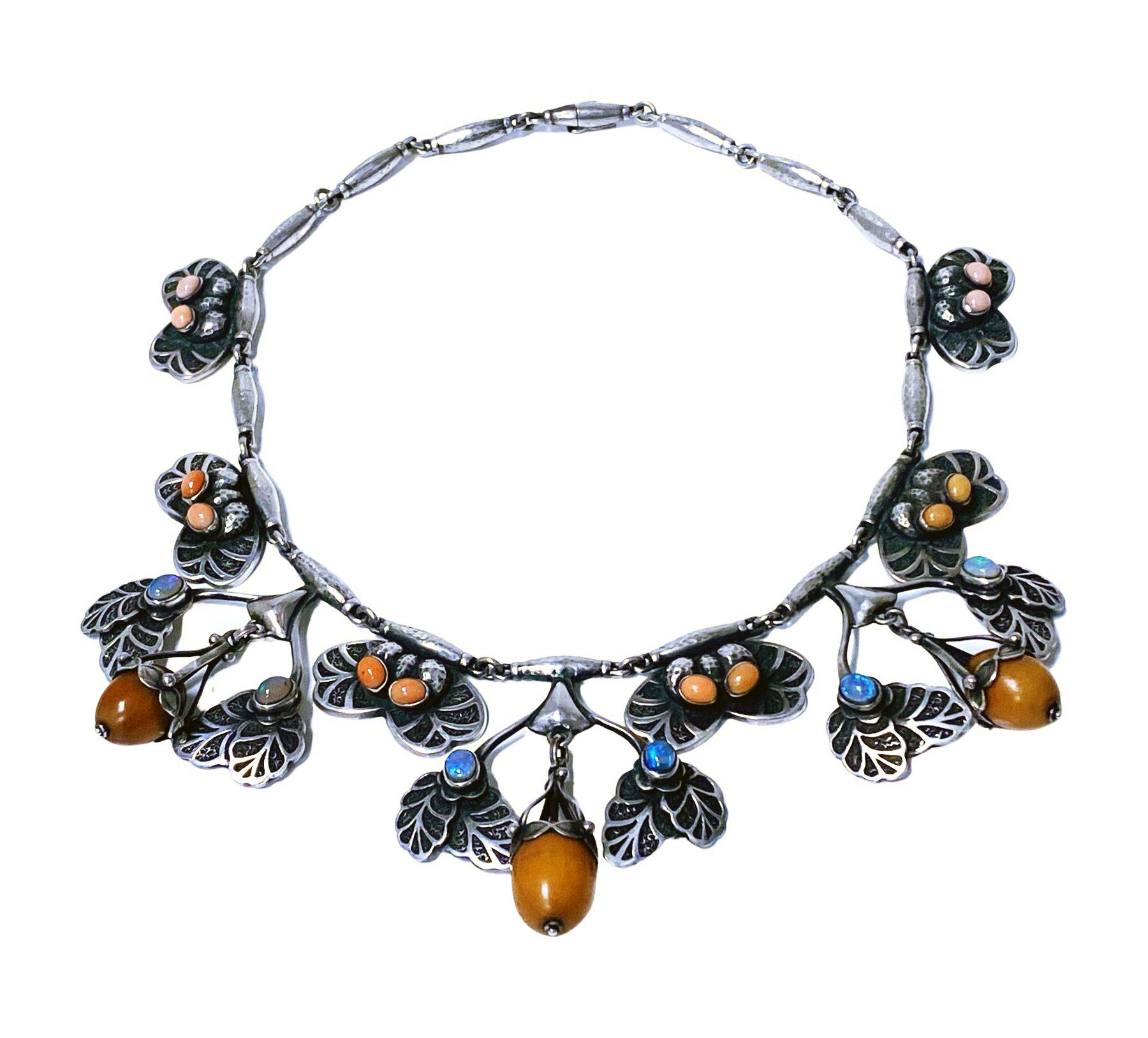 Georg Jensen exceptionally rare Amber, Coral and Opal No 4 Necklace C.1915