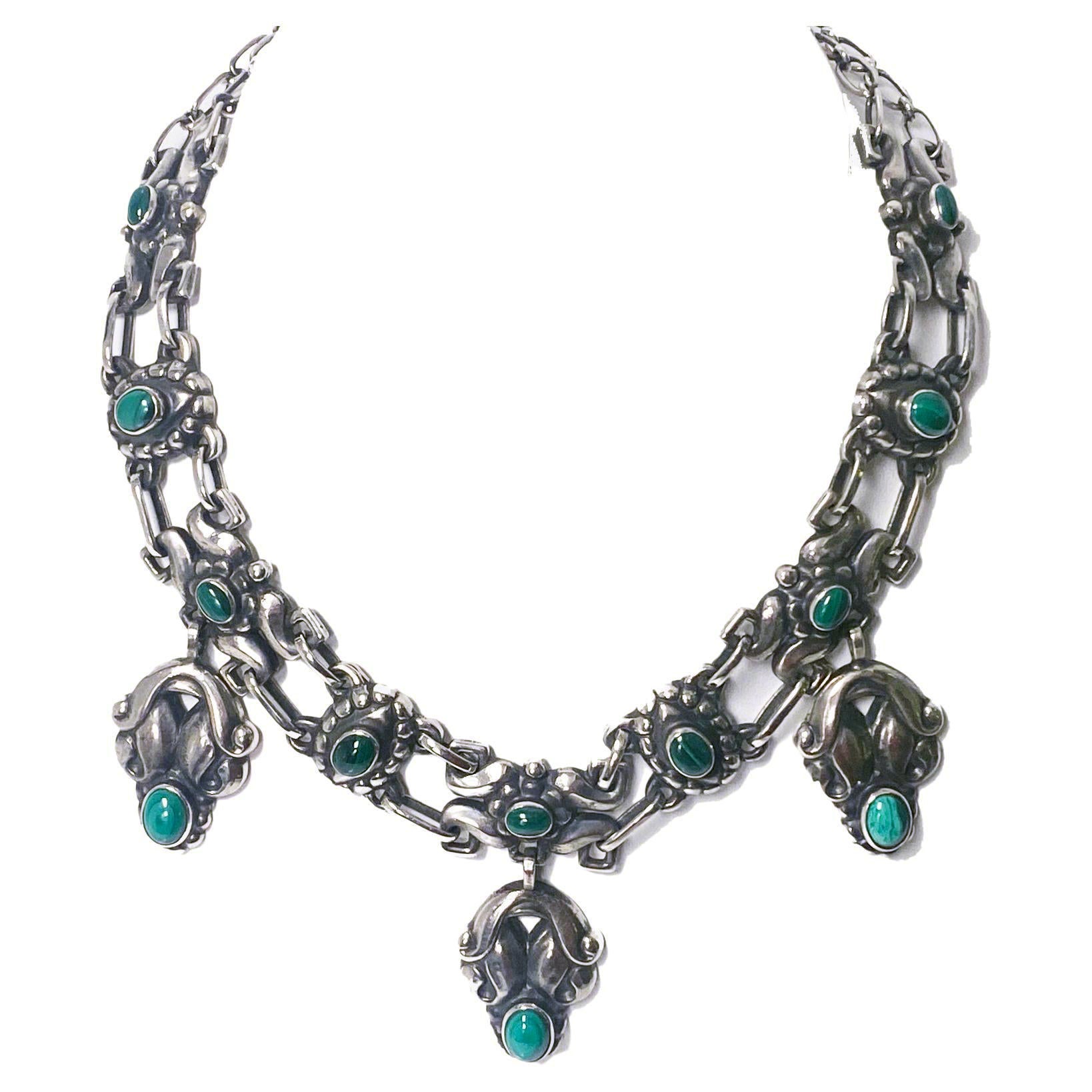 Georg Jensen rare design Silver Malachite Necklace C. 1935, design No. 14