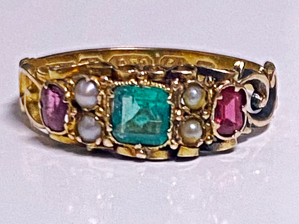 Antique Emerald Sapphire Pearl Gold Ring Birmingham 1862.