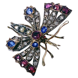 Antique Ruby Diamond Sapphire and Pearl butterfly brooch pendant C.1875.