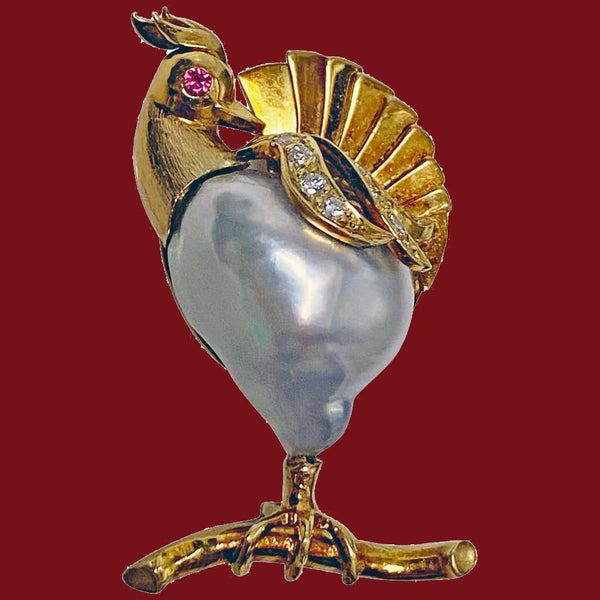 18K Gold Pearl Diamond Ruby Peacock or Rooster Brooch