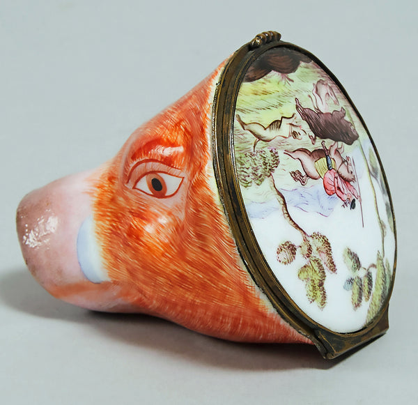 Antique Staffordshire Stirrup Cup, rare, covered porcelain Boar's Head