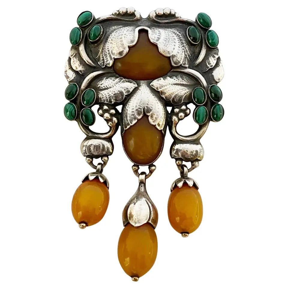 Exceptional Georg Jensen Large Rare Silver and Amber Malachite Master Brooch C.1933